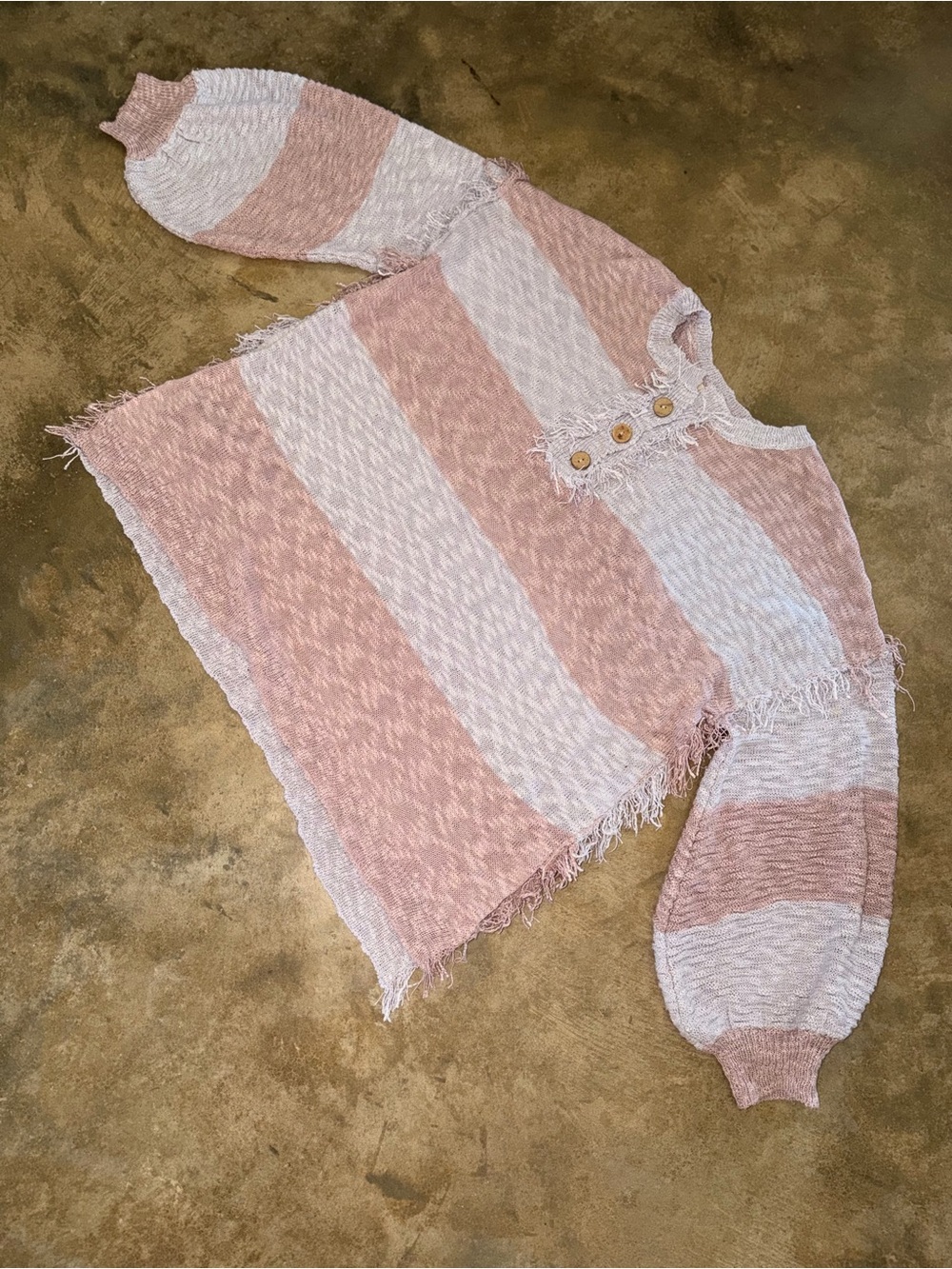 Dress Up Oversized Striped Distressed Knit Sweater Pink Lavender M Raw Hem Tunic